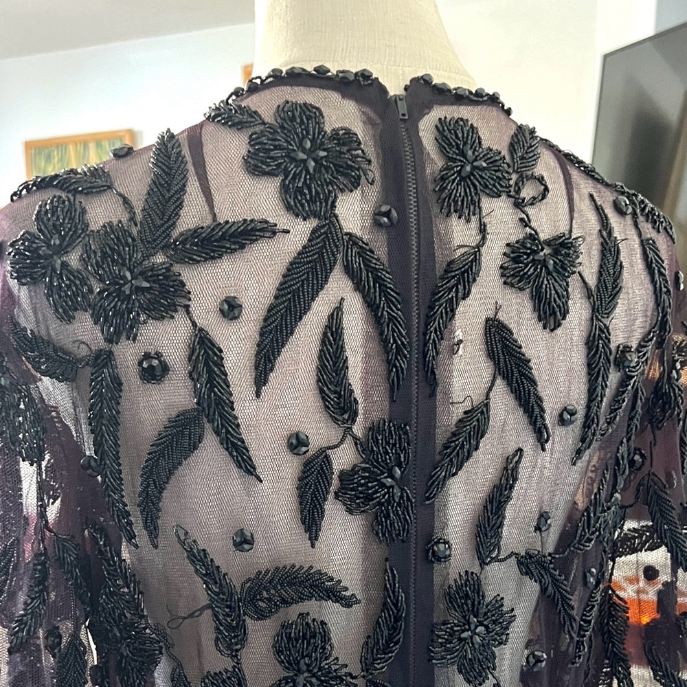 VTG Heavy Beaded Mesh Overlay Dress Black Floral Couture Evening Wear Art Size S - Picture 10 of 11